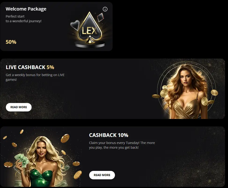 Lex Casino Boni und Cashback-Angebote mit elegantem goldfarbenem Design